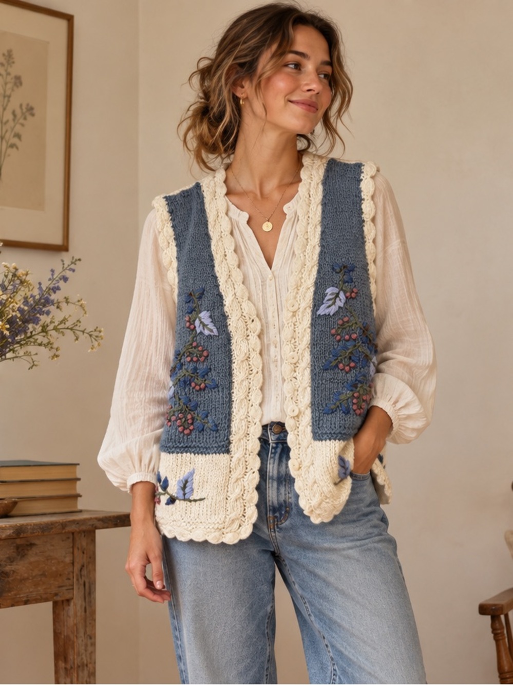 Huntington Ridge Floral Embroidered Knit Vest XL Cottagecore